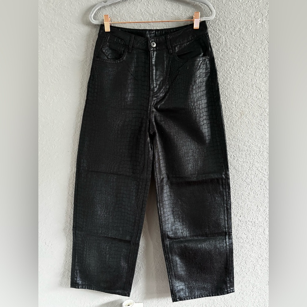 Black Croc-Embossed Twill Pants